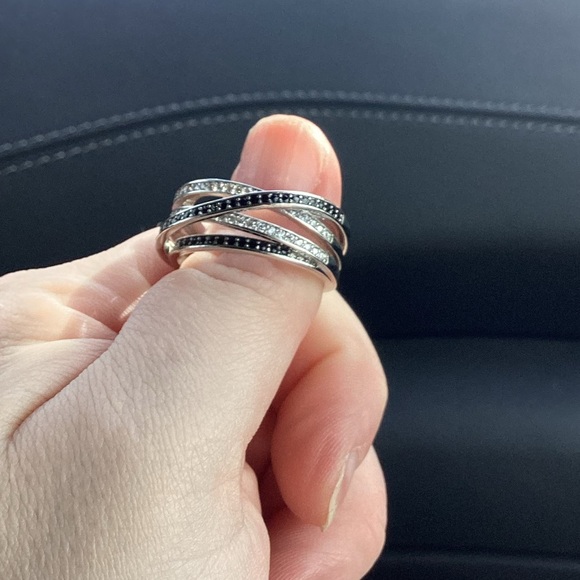 🖤Sterling Silver Black&White Cz Diamond Crisscross Stacked Ring - Picture 16 of 16